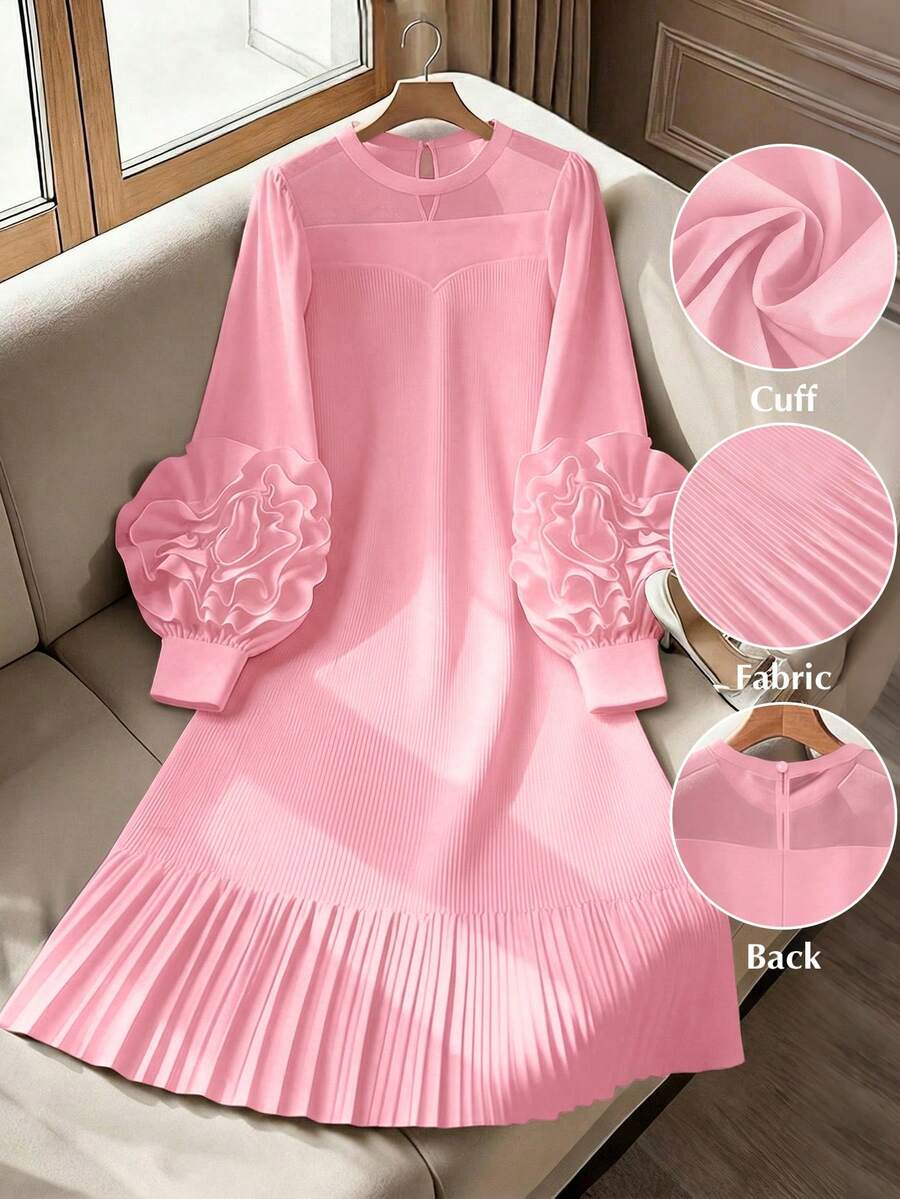 GlowEve CURVE Vestido de manga larga con pliegues y flores 3D de unicolor talla grande - Rosa - Ver 1