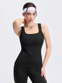 Loungeista 1pc Black Basic Tank Top With Detachable Chest Pad, Slim Fit, Perfect For Inner Wearing And Outer Wearing, Ideal For Casual Occasions, Workout - Black - View 6