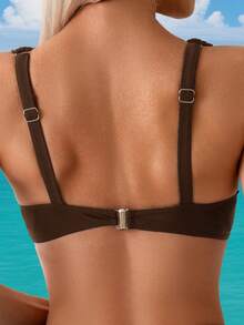 Swim Lushoire Women's Coffee Brown Bikini Set,Elegant Push Up Tummy Control Swimwear,Full Coverage Solid Color Bathing Suits For Summer,Beach,Holiday,Holiday - Coffee Brown - View 5