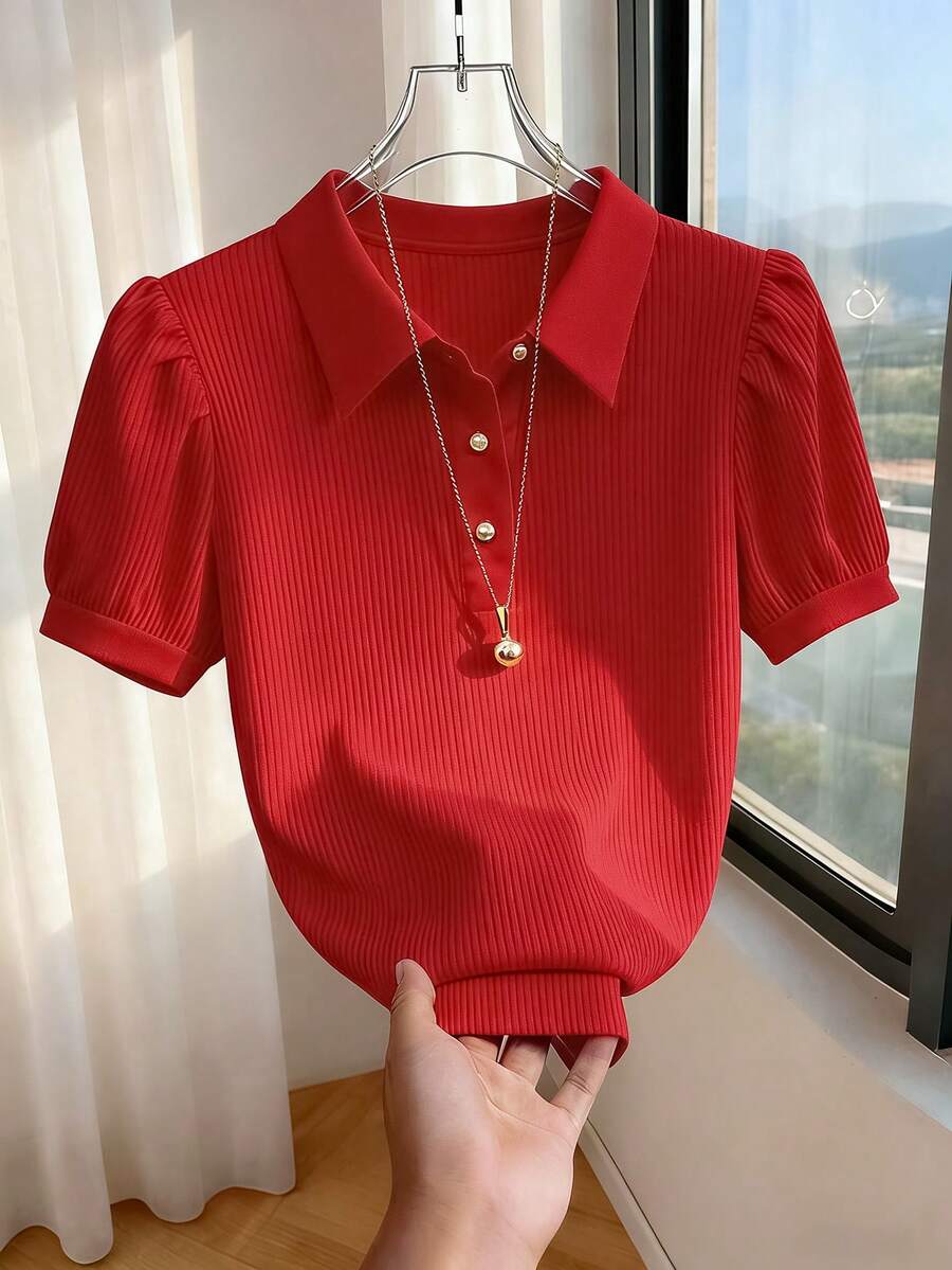 SHEIN Franclia 纯色优雅都市通勤风休闲浪漫女式T恤 - 紅色 - 查看 1