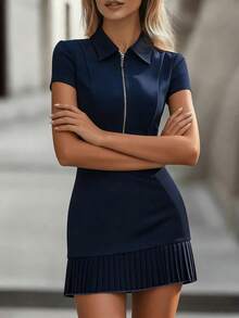 Ellegaria. 2026 New Spring Blue Dress, Collared Zip Front Short Sleeve, Waist Cinched Pleated Commuter Dress, Flattering & Slimming - Navy Blue - View 5