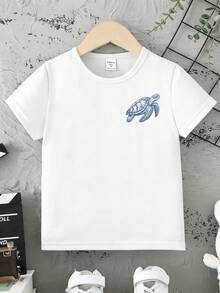 Áo thun ngắn tay cơ bản thoải mái, sáng tạo, cá tính, tươi mới, tối giản in hình rùa biển, động vật, chữ và khẩu hiệu, thích hợp cho mùa xuân, hè và thu, dành cho bé trai. - trắng - Xem 3