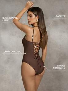 Shapewave Women's Solid Color Contrast Lace Fashionable Spaghetti Strap One-Piece Swimsuit - Brown - View 2