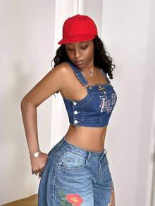 StreetHx Fashionable Casual Street-Style Embroidered Denim Vest Top - Medium Wash - View 5