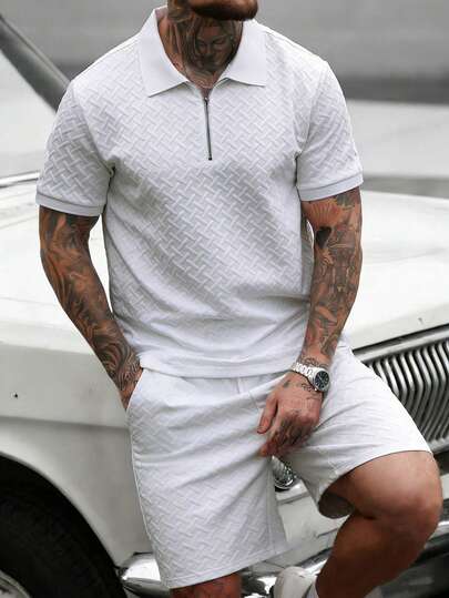 Manfinity CasualCool Men's Half-Zip Short Sleeve Polo Shirt And Slant Pocket Shorts Casual Suit
