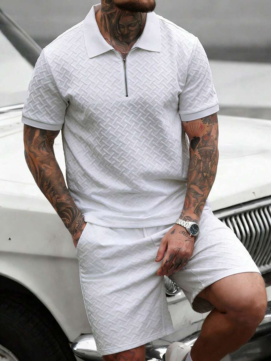 Manfinity CasualCool 男士半拉链短袖 Polo 衫和斜插口袋短裤休闲套装 - 白色 - 查看 1
