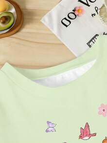Elladie kids Bộ đồ thường ngày ngọt ngào dễ thương cho bé gái, áo thun tay ngắn màu xanh bạc hà, áo phông in hình công chúa mộng mơ và quần short họa tiết bướm, hươu, hoa đáng yêu, trang phục mùa hè. - Nhiều màu - Xem 3