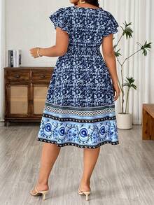 EMERY ROSE Plus Size Elegant Waist Cinched Square Neck Dress, High-Quality Fashion, Suitable For Dates Gym, Flattering Brown Summer - Multicolor - View 2