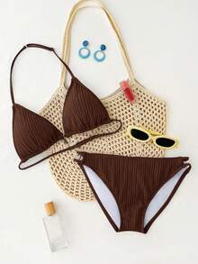 少女纯蓝色针织纹理贝壳装饰夏季沙滩鞭形露背细肩带三角比基尼套装，夏季沙滩泳装 - 棕色 - 查看 3