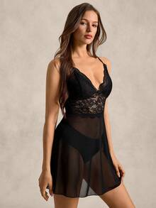 Women's Lace Insert Adjustable Strap Sexy Pajama Night Dress PerfectSummer - Black - View 4