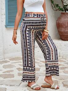 SHEIN 孕妇几何印花抽绳腰荷叶边阔腿裤 - 彩色 - 查看 4