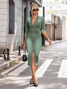 EMERY ROSE Plus Size Fashionable Commuter Fitted Front Button Denim Dress - Green - View 3