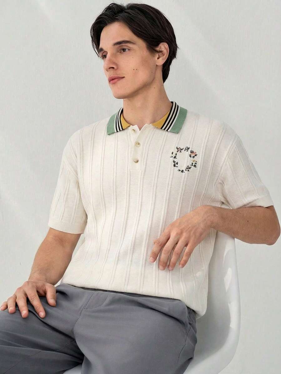 RONVEXI 男士休闲撞色领蘑菇刺绣短袖针织衫，春夏款 - 白色 - 查看 1