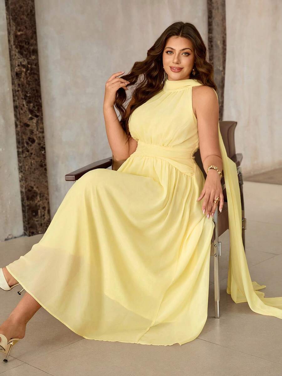 Roveilla Vestido de verano elegante para invitada de boda de talla grande para mujer, amarillo, de gasa, con cuello con volantes, espalda con lazo, cintura fruncida, fluido, sin mangas, largo, estilo vintage - Amarillo - Ver 1