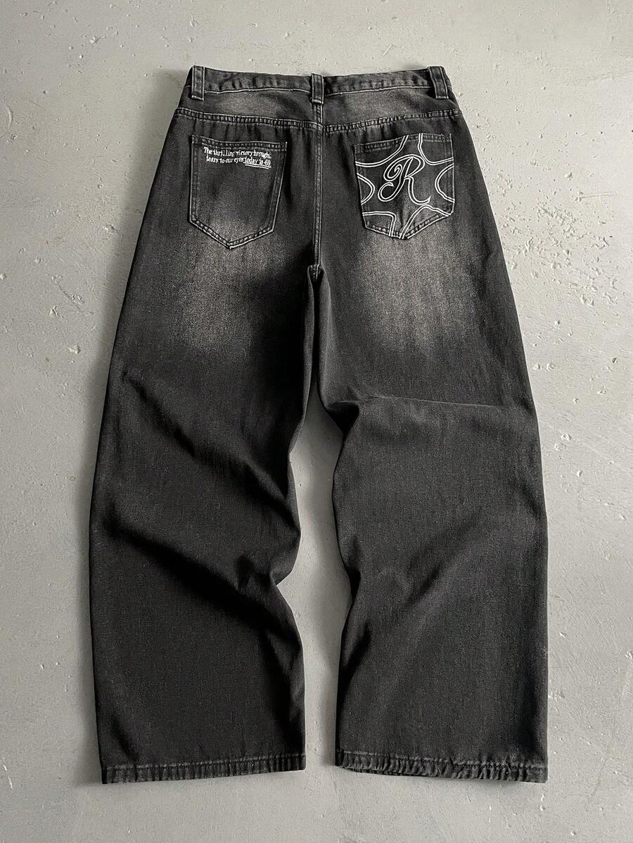 Manfinity EMRG 男士休闲宽松阔腿黑色牛仔裤 - 黑色 - 查看 1