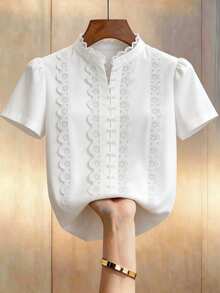 SHEIN LUNE CURVE Plus Size Solid Color Front Button Lace Patchwork Elegant Short Sleeve Blouse - White - View 1