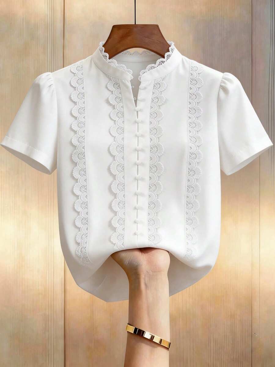 SHEIN LUNE CURVE Plus Size Solid Color Front Button Lace Patchwork Elegant Short Sleeve Blouse - White - View 1
