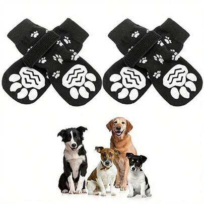 4 Anti-Slip Dog Socks, Soft And Adjustable Pet Paw Protectors, Dog Shoes, Pet Shoes, Dog And Cat Socks, Anti-Slip Indoor And Outdoor Double-Sided Pet Paw Protectors, Suitable For Small, Medium, And Large Dogs In Black, Breathable Dog Paw Covers Outdoor Accessories
