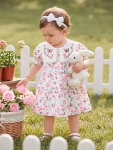 SHEIN Vintaside Kids Đầm bé gái thoải mái, chất liệu vải dày dặn, cổ bẻ, thêu hoa dễ thương, dáng chữ A, tay ngắn, đa năng, phù hợp cho mùa xuân/hè, mặc hàng ngày, ở nhà, đi chơi, du lịch, đi học. - Hồng - Xem 4