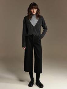 Ontre 2026春夏女式羊毛直筒口袋七分西装裤，都市通勤商务休闲裤，女士办公室穿搭，优雅女式春夏毛衣，适合情人节派对和聚会 - 黑色 - 查看 7