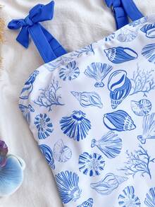 Áo tắm liền thân in hình vỏ sò và ốc xà cừ dành cho bé gái tuổi teen, thích hợp cho kỳ nghỉ biển, tiệc bể bơi, tiệc bãi biển. - Xanh và trắng - Xem 7