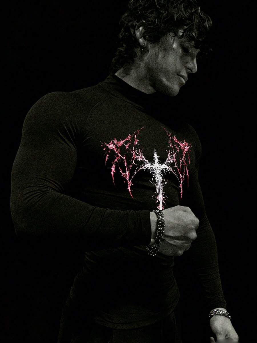 RISE LYT Áo thun nam dài tay raglan in họa tiết chữ thập, kiểu dáng thường ngày, thích hợp cho tập luyện thể dục, tập luyện, áo nén. - màu đen - Xem 1