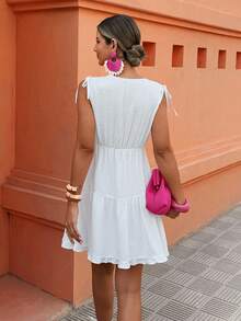 Selianne 1 pièce Robe décontractée pour les vacances et le travail, avec texture jacquard, volants décoratifs et taille cintrée, coupe évasée, pour le printemps/été - Blanc - Voir 2