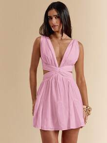 SHEIN BAE 白色雪纺V领露背系带迷你连衣裙，白色连衣裙，毕业礼服，度假连衣裙，春夏款 - 淺粉色 - 查看 3