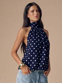 SHEIN BAE Black & White Polka Dot Backless Halter Neck Sexy Crop Top, Suitable For Music Festivals, Vacations,Summer Top - Navy Blue - View 6