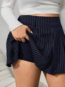 SHEIN EZwear 大码海军蓝白条纹迷你百褶裙，休闲百搭，适合返校季及春秋季穿着，修身剪裁 - 藏蓝色 - 查看 4
