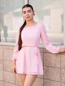 Andrea Bello 女式短款圆领长袖粉色迷你连衣裙，春夏秋季太阳裙 - 粉色 - 查看 4