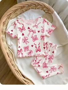 Shein Dozemod Kids Baby Girl Cartoon Pattern Ruffle Trim Round Neck Short Sleeve Top And Pants Soft Comfy Pajama Set, 2pcs - Multicolor - View 7