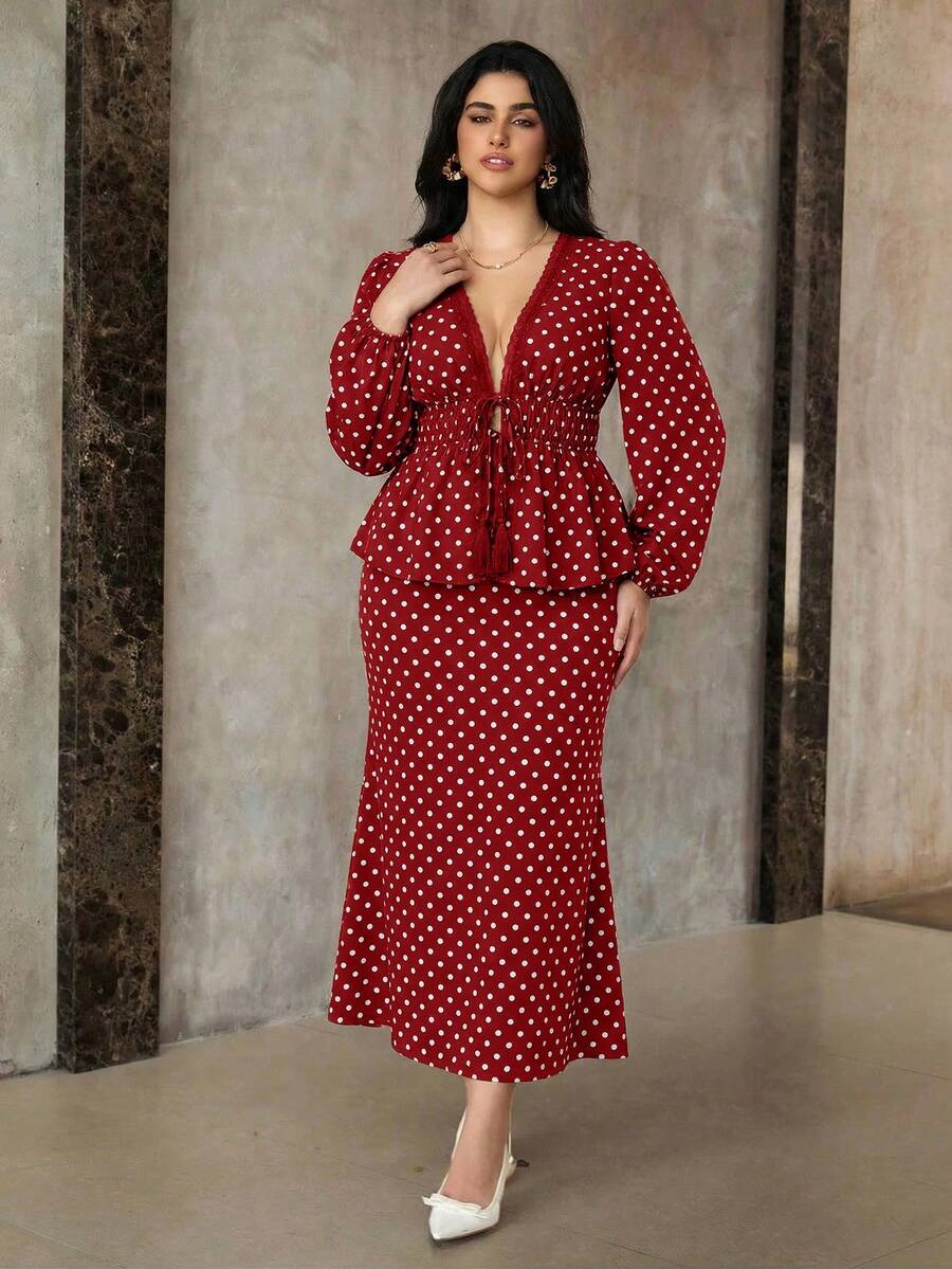 Roveilla 大码优雅波点印花衬衫和鱼尾裙两件套 - 紅色 - 查看 1