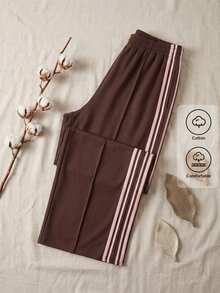 SHEIN PETITE 女士休闲撞色条纹阔腿运动裤，夏季必备 - 棕色 - 查看 2