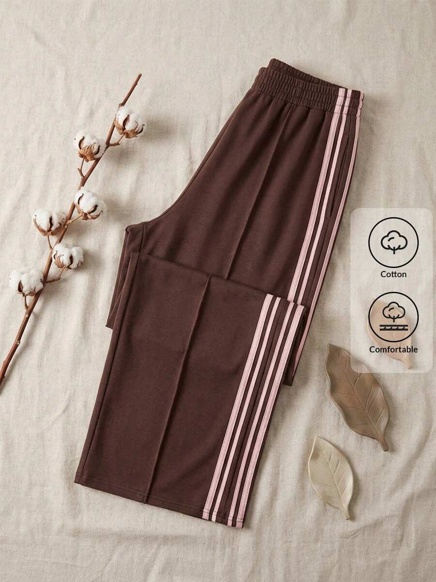 SHEIN PETITE 女士休闲撞色条纹阔腿运动裤，夏季必备