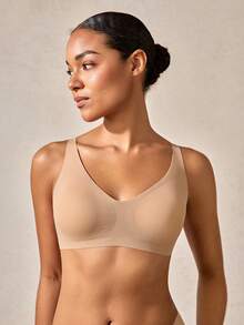 Veilyse 1pc Wireless Seamless Solid Color Comfortable Wide Strap Ladies Brafor Summerfor Summer - Apricot - View 5