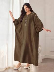 SHEIN Najma Minimalist Computer Beaded Decor Women Loose Fashion Dress - Coffee Brown - View 3