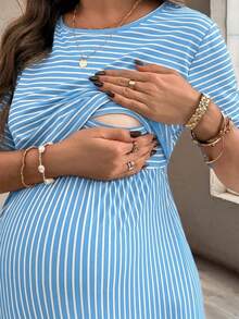 SHEIN Đầm cho bà bầu kẻ sọc tối giản cổ tròn tay ngắn cho con bú - Màu xanh nhạt - Xem 5
