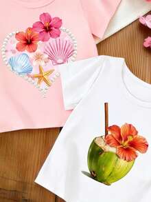 2件套春夏秋季女童休闲时尚创意个性清新简约可爱碎花印花宽松基础款米色短款T恤，舒适日常穿着 - 彩色 - 查看 6