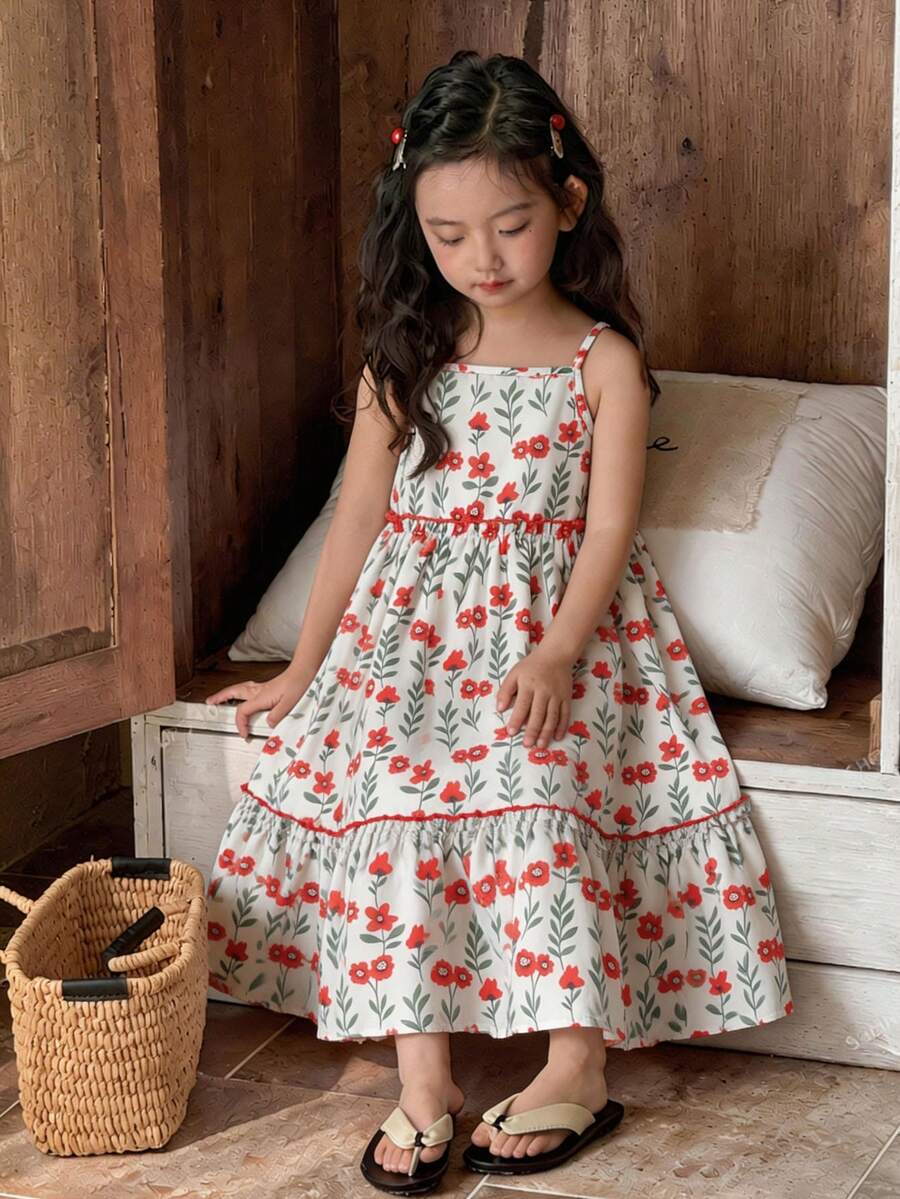Vintaside Kids Vestido Floral Miúdo para Meninas, Estilo Campestre, Elegante, Fofo, Adequado para Primavera/Verão - Vermelho - Visão 1