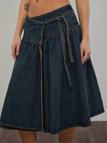 COUREZ Chân váy denim thắt eo màu xanh denim/Phong cách Y2K mùa hè cho nữ, chân váy denim xanh, chân váy dài, trang phục nghỉ xuân, trang phục lễ hội, trang phục đi xem hòa nhạc, trang phục mùa hè, trang phục đi chơi, trang phục mùa xuân cho nữ. - Rửa trung bình - Xem 5