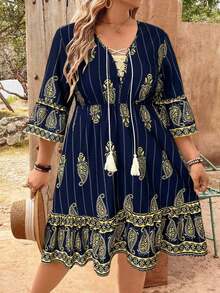 SHEIN Clasi Rochie mini Hera Paisley cu imprimeu de ciucuri și decolteu în V, cu bretele și flori de caju, mărime plus - Albastru regal - Vizualizare 5