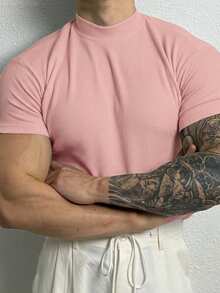 GymBeat Camiseta deportiva de manga corta de punto acanalado de unicolor casual para hombres, verano, gimnasio - Rosa - Ver 4