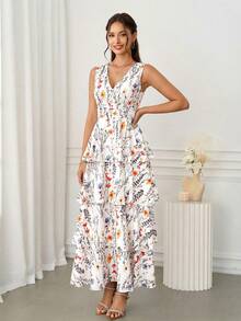 SHEIN Clasi 女士时尚V领全印花无袖多层连衣裙 - 彩色 - 查看 9