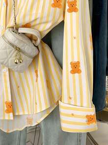 INAWLY Women's Casual Striped Bear Print Shirt - Yellow - View 5