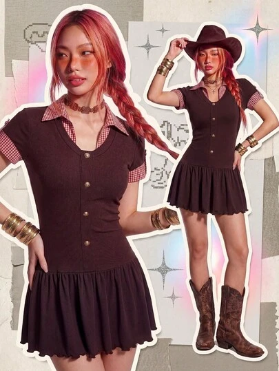 Rina Fox Đầm ngắn cổ điển thanh lịch ôm sát người với cổ áo phối màu tương phản.