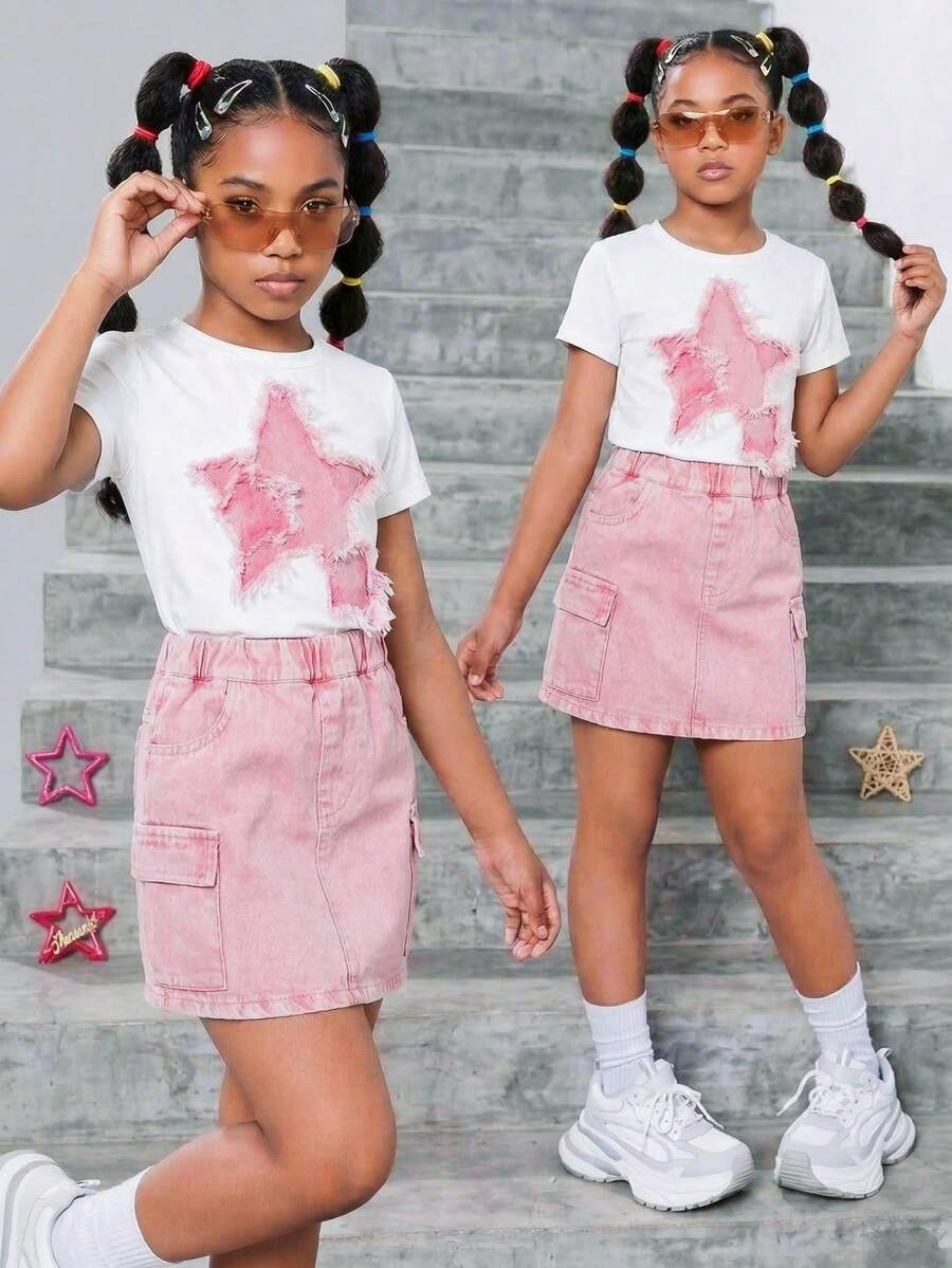 Genkimix Kids 两件套女童休闲修身白色短袖T恤（饰有星星刺绣图案）+粉色水洗修身牛仔裙（带口袋），优雅时尚，适合日常穿着和夏季度假。