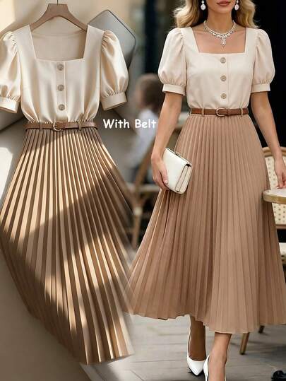 Ellegaria. סט 2 חלקים עם צווארון מרובע ושרוול נפוח בצבע בז' רך + חצאית מקסי עם קפלים בצבע חום קרמל, מותן צמוד עם כפתורי פנינים, סט אלגנטי רב-תכליתי להרזיה לנסיעות ולדייטים, בד זורם המסתיר פגמים, עיצוב צווארון מרובע מעודן, חולצה עם כפתורי פנינים + חצאית מקסי עם קפלים בצבע חום קרמל