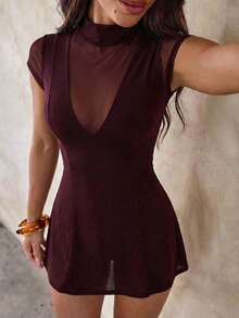 Aloruh 女士优雅高领修身透视腰部A字迷你连衣裙，酒红色，适合派对、聚会、约会、外出、婚礼宾客礼服、生日礼服、秋季穿着，优雅连衣裙 - 酒紅色 - 查看 2