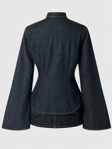 SHEIN MOD Áo sơ mi denim tay loe, thắt eo, dáng rộng, thêu họa tiết, dành cho nữ, thích hợp mặc mùa xuân. - màu đen - Xem 2